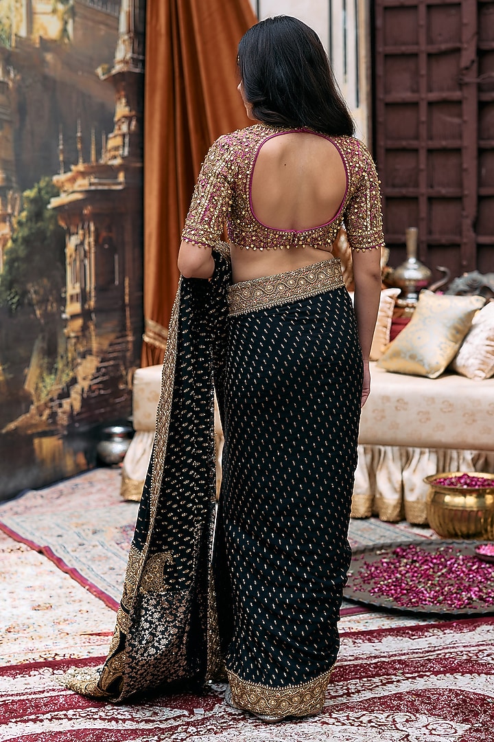 Black & Gold Raw Silk Embroidered Bridal Saree Set by ITRH at Pernia's Pop Up Shop