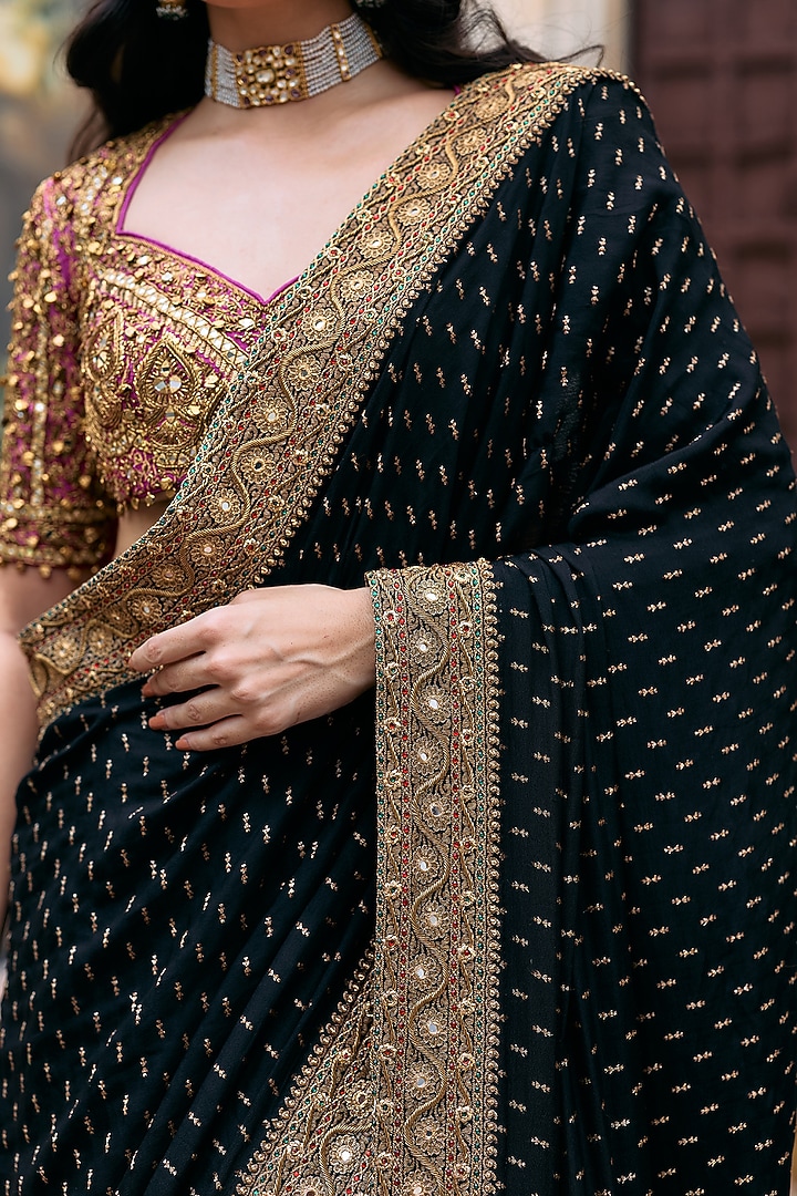Black & Gold Raw Silk Embroidered Bridal Saree Set by ITRH at Pernia's Pop Up Shop