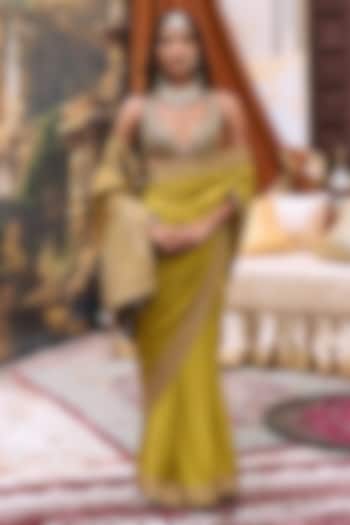 Yellow & Purple Raw Silk Embroidered Bridal Saree Set by ITRH at Pernia's Pop Up Shop