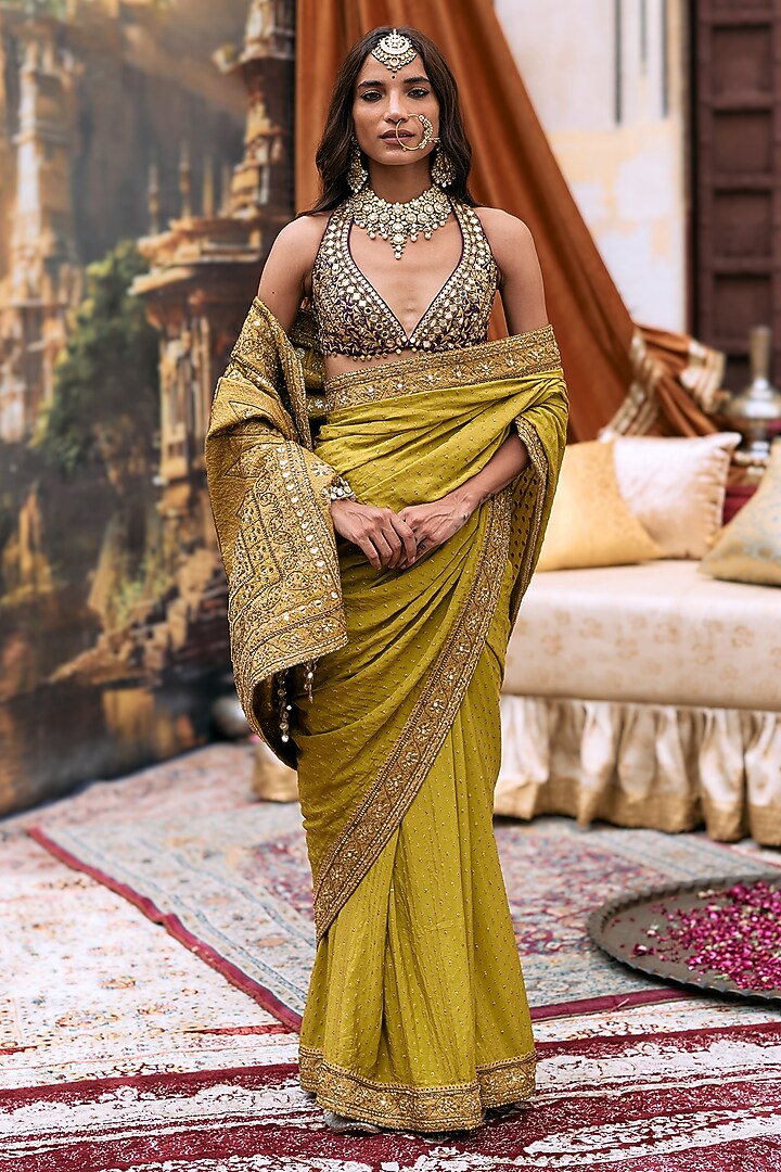 Yellow & Purple Raw Silk Embroidered Bridal Saree Set by ITRH at Pernia's Pop Up Shop