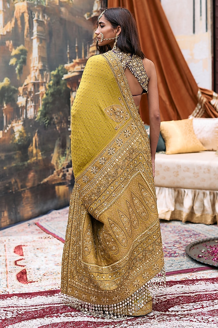 Yellow & Purple Raw Silk Embroidered Bridal Saree Set by ITRH at Pernia's Pop Up Shop