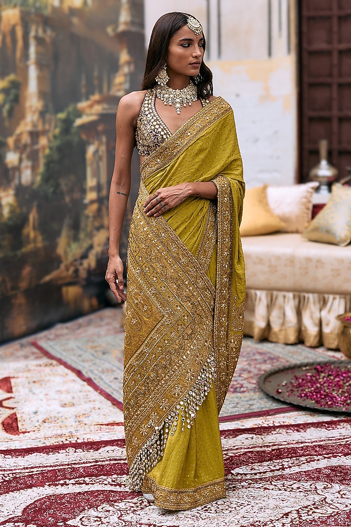 Yellow & Purple Raw Silk Embroidered Bridal Saree Set by ITRH at Pernia's Pop Up Shop