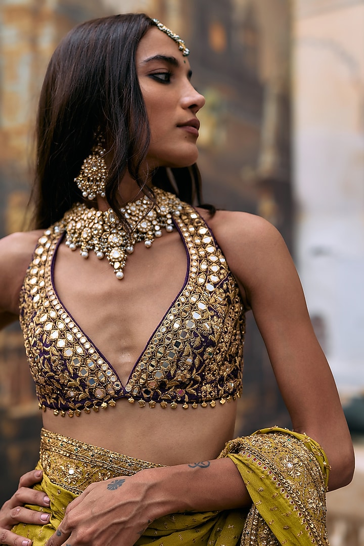 Yellow & Purple Raw Silk Embroidered Bridal Saree Set by ITRH at Pernia's Pop Up Shop