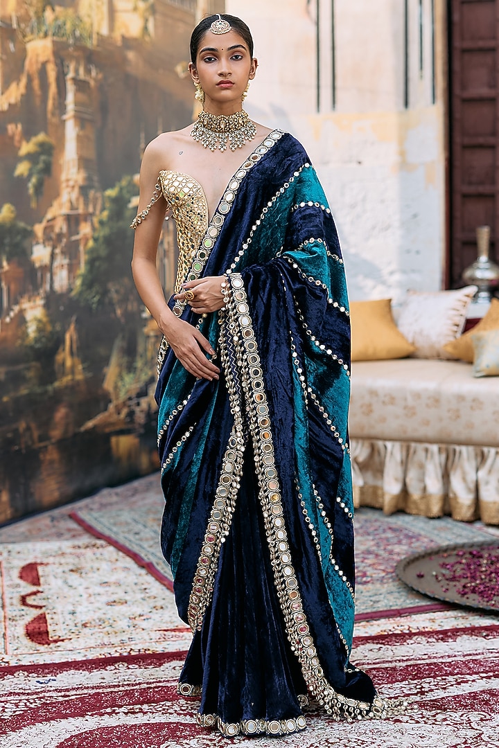 Teal Blue Chanderi Embroidered Bridal Saree Set by ITRH at Pernia's Pop Up Shop