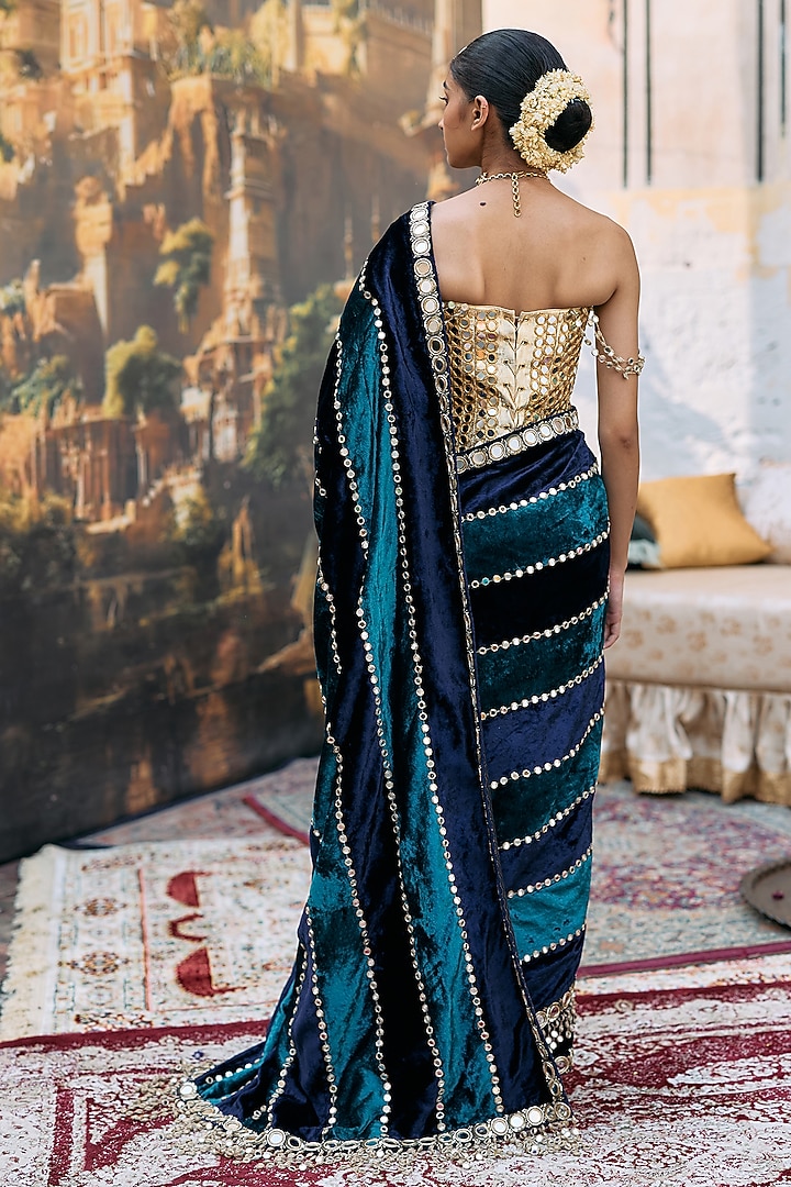 Teal Blue Chanderi Embroidered Bridal Saree Set by ITRH at Pernia's Pop Up Shop