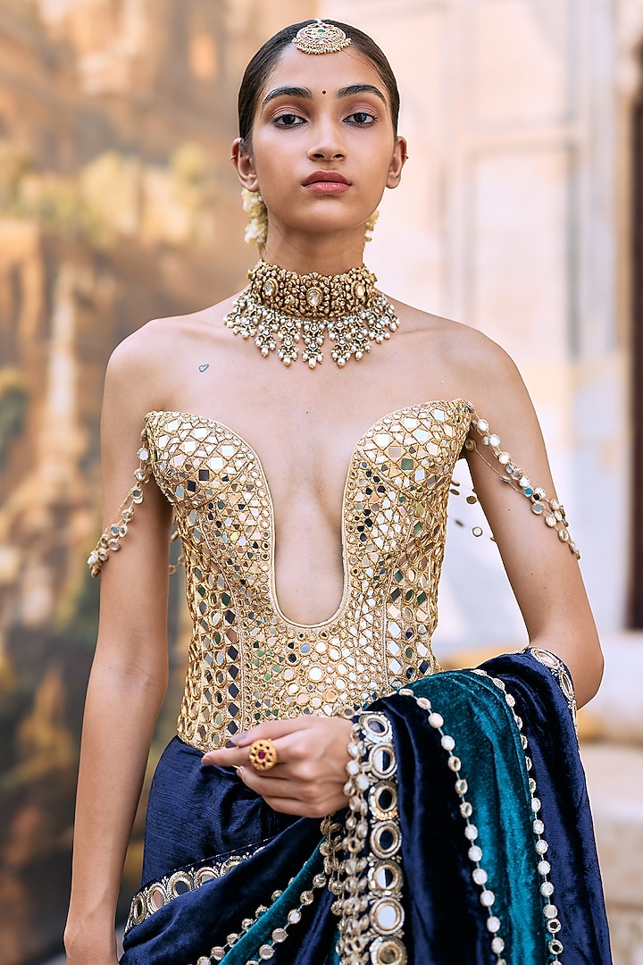 Teal Blue Chanderi Embroidered Bridal Saree Set by ITRH at Pernia's Pop Up Shop