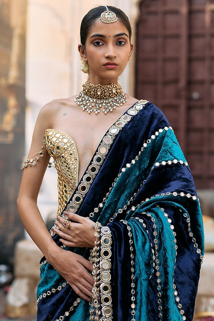 Teal Blue Chanderi Embroidered Bridal Saree Set by ITRH at Pernia's Pop Up Shop