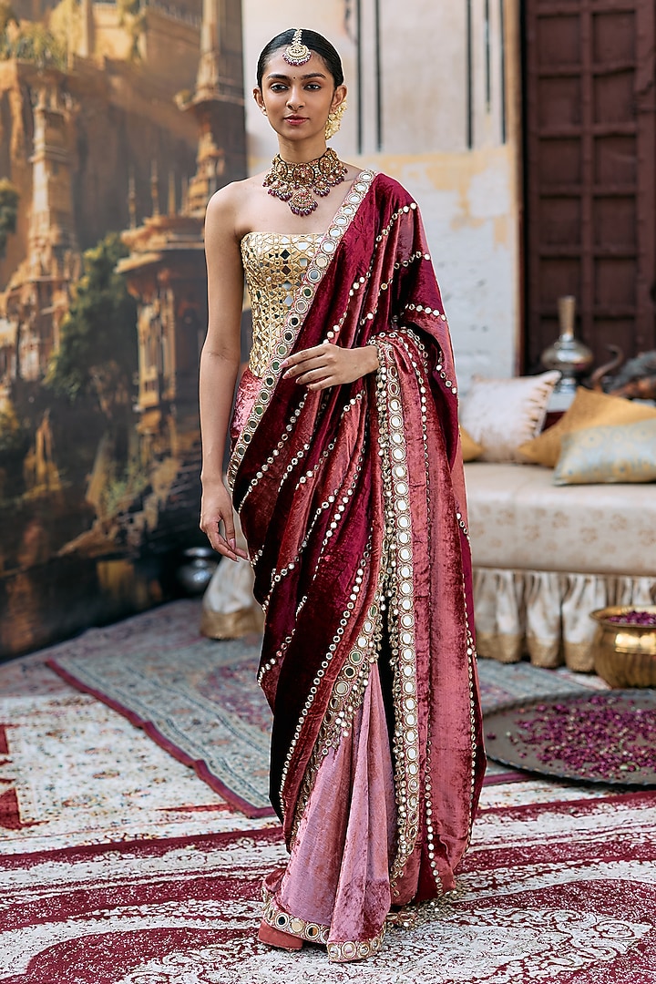 Maroon & Peach Chanderi Embroidered Bridal Saree Set by ITRH at Pernia's Pop Up Shop