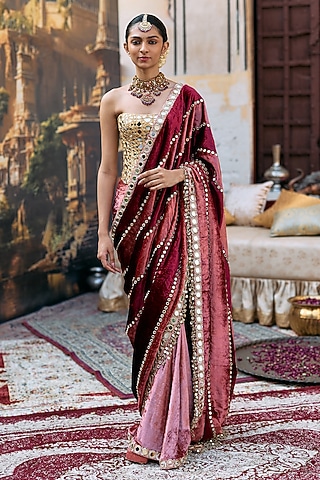 Maroon & Peach Chanderi Embroidered Saree Set by ITRH
