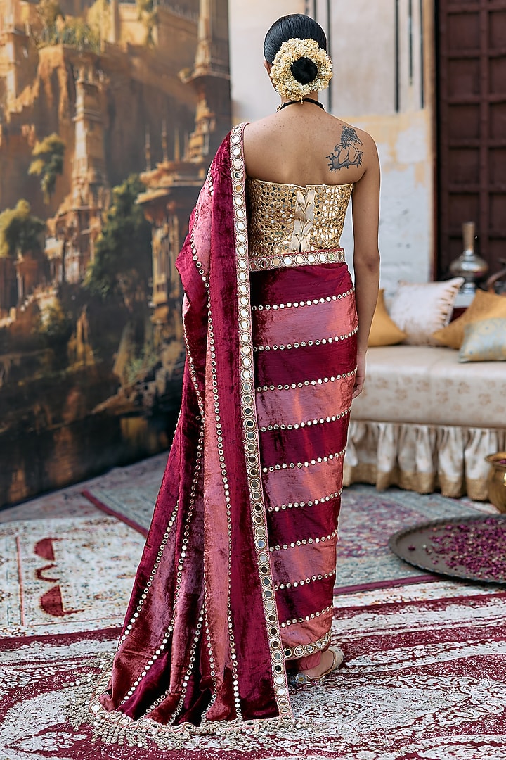 Maroon & Peach Chanderi Embroidered Bridal Saree Set by ITRH at Pernia's Pop Up Shop