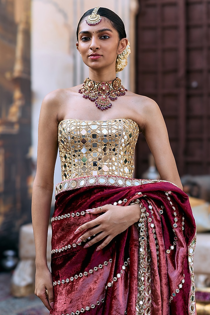 Maroon & Peach Chanderi Embroidered Bridal Saree Set by ITRH at Pernia's Pop Up Shop