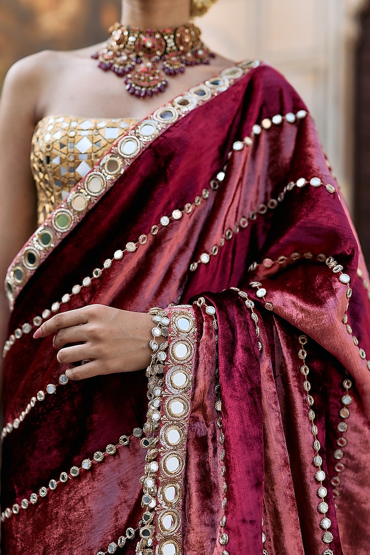 Maroon & Peach Chanderi Embroidered Bridal Saree Set by ITRH at Pernia's Pop Up Shop