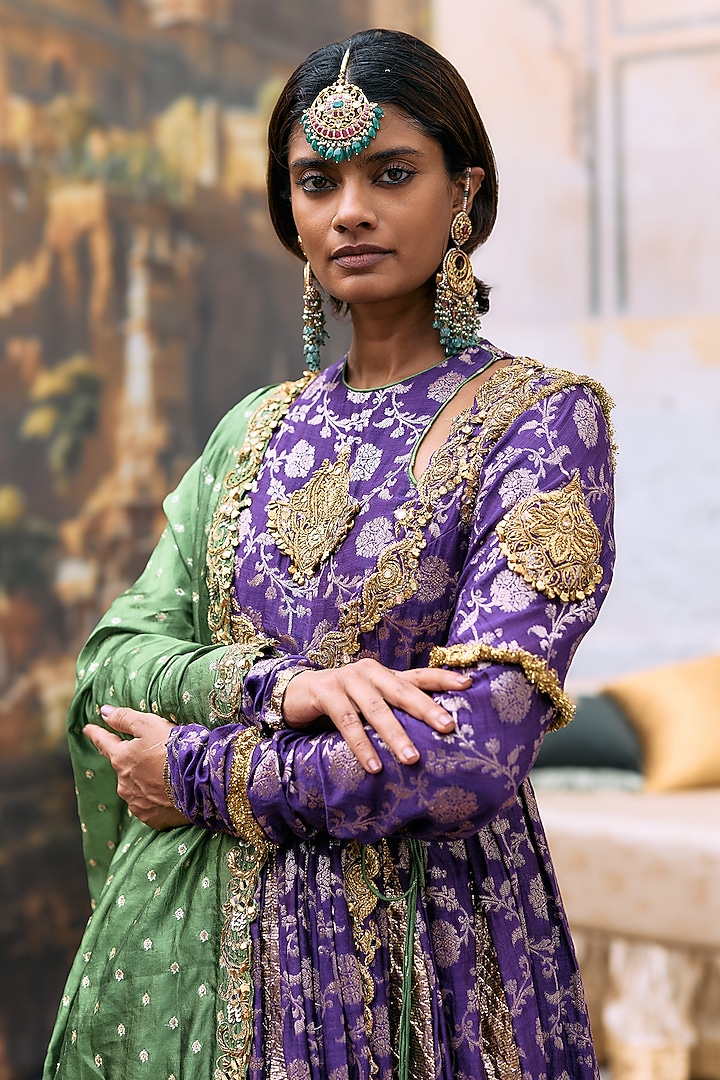 Purple Cotton Brocade & Gota Embellished Angrakha Set by ITRH at Pernia's Pop Up Shop