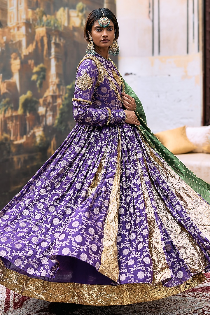 Purple Cotton Brocade & Gota Embellished Angrakha Set by ITRH at Pernia's Pop Up Shop
