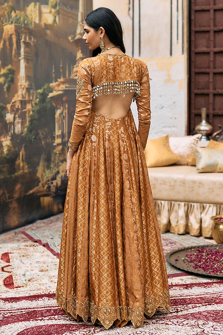 Orange Brocade & Cotton Cambric Embellished Bridal Anarkali Set by ITRH at Pernia's Pop Up Shop