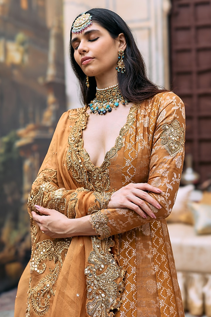 Orange Brocade & Cotton Cambric Embellished Bridal Anarkali Set by ITRH at Pernia's Pop Up Shop