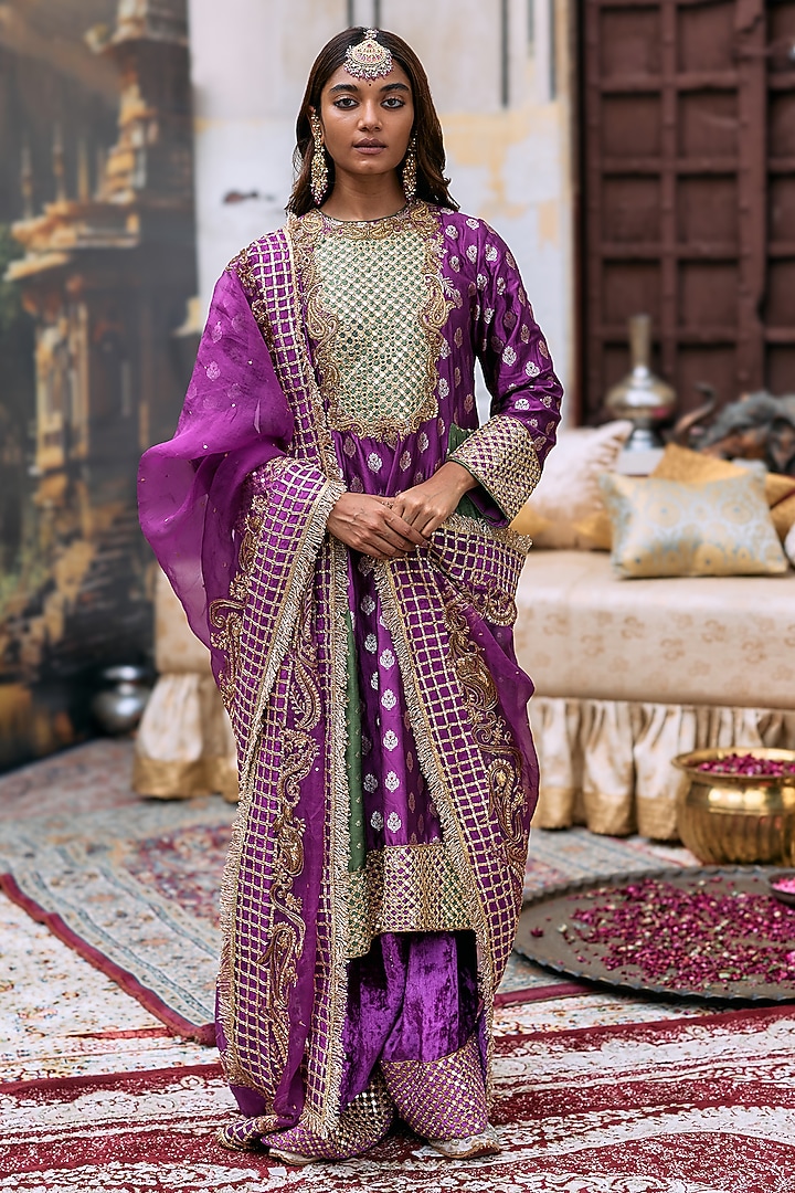 Magenta & Olive Banarasi Silk Embroidered A-line Kurta Set by ITRH at Pernia's Pop Up Shop