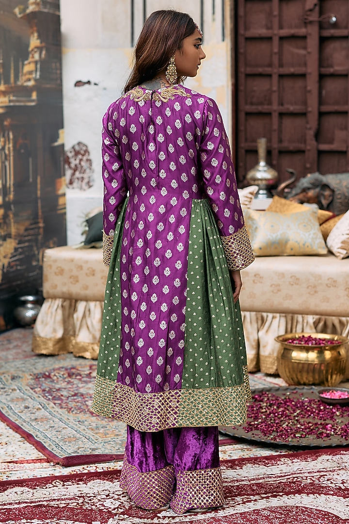 Magenta & Olive Banarasi Silk Embroidered A-line Kurta Set by ITRH at Pernia's Pop Up Shop