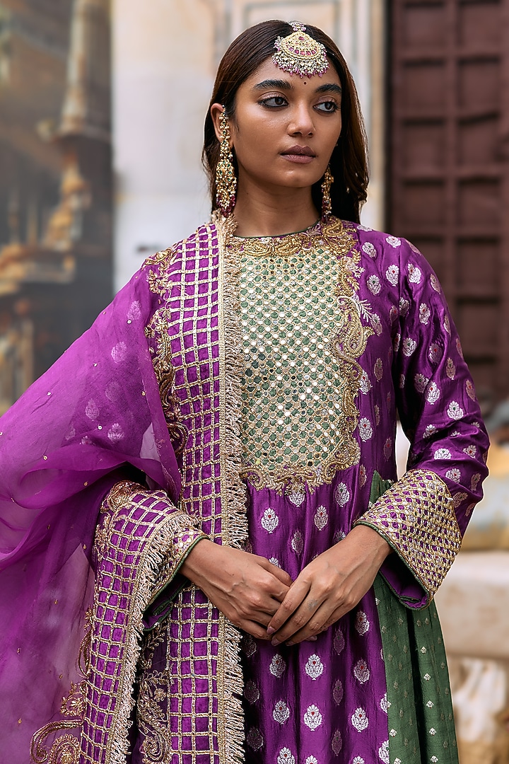 Magenta & Olive Banarasi Silk Embroidered A-line Kurta Set by ITRH at Pernia's Pop Up Shop