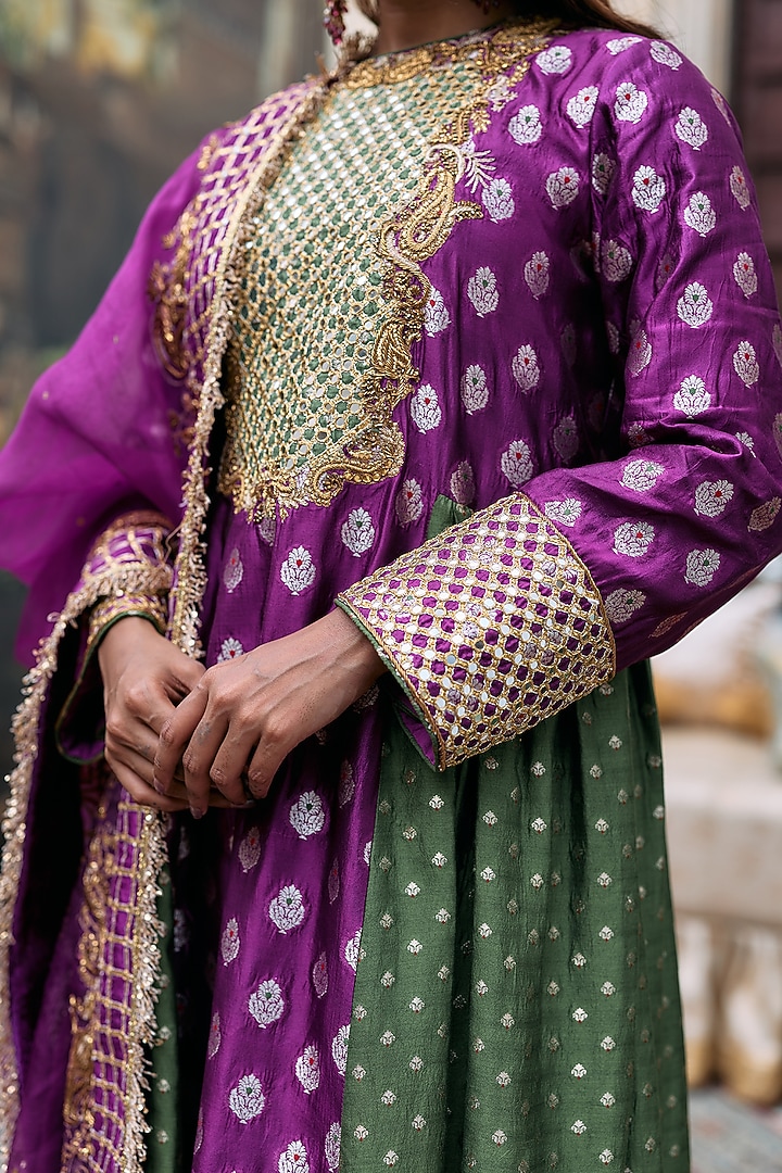 Magenta & Olive Banarasi Silk Embroidered A-line Kurta Set by ITRH at Pernia's Pop Up Shop