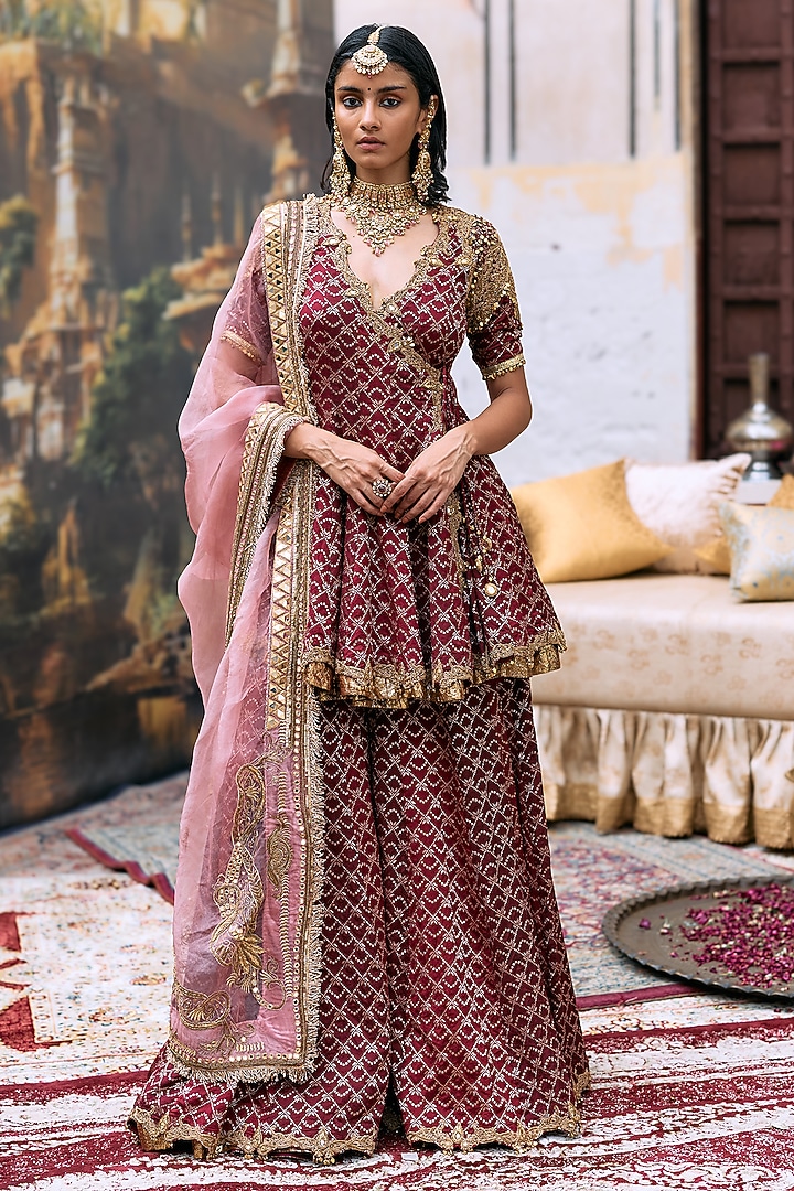 Maroon Brocade & Gota Short Angrakha Set by ITRH at Pernia's Pop Up Shop