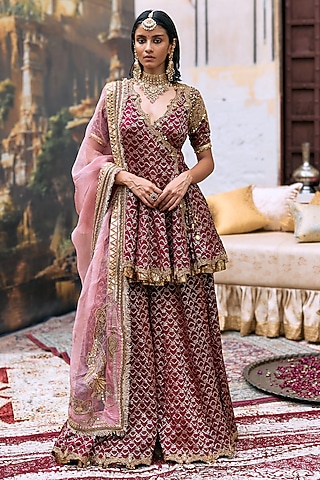 Maroon Brocade & Gota Short Angrakha Set by ITRH
