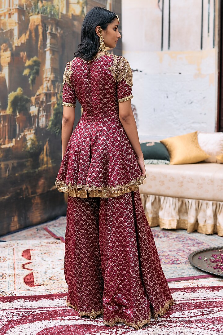 Maroon Brocade & Gota Short Angrakha Set by ITRH at Pernia's Pop Up Shop
