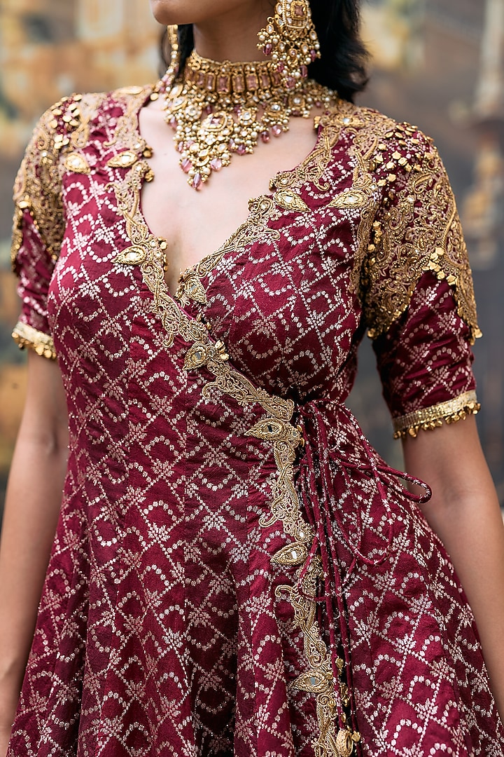 Maroon Brocade & Gota Short Angrakha Set by ITRH at Pernia's Pop Up Shop