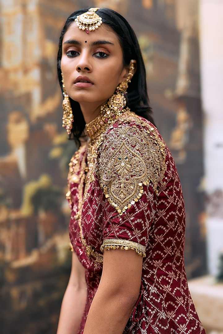 Maroon Brocade & Gota Short Angrakha Set by ITRH at Pernia's Pop Up Shop