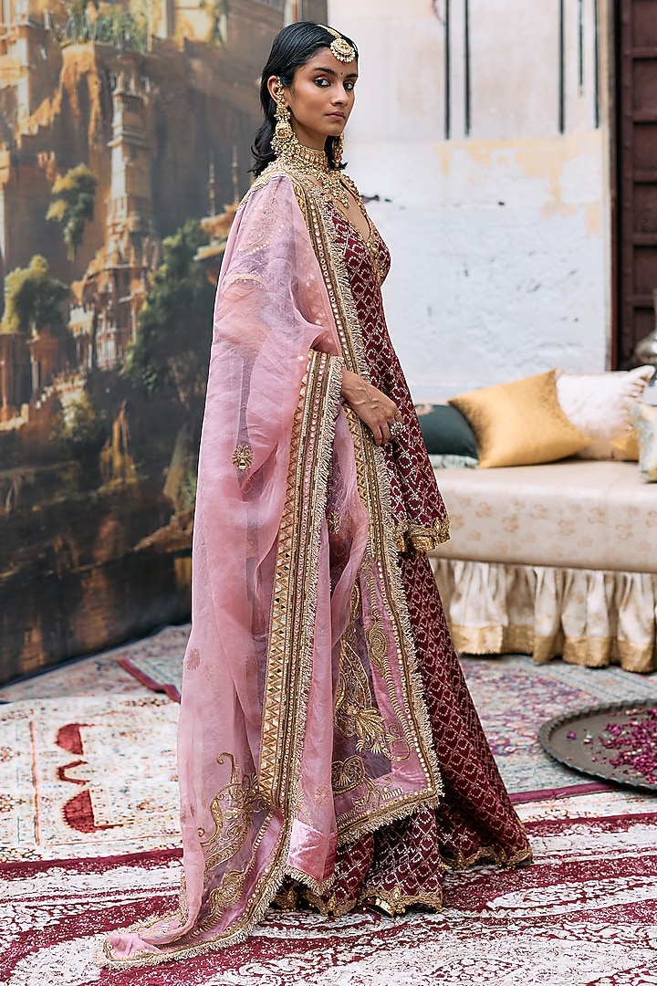 Maroon Brocade & Gota Short Angrakha Set by ITRH at Pernia's Pop Up Shop