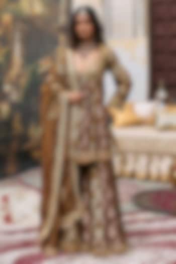 Olive & Brown Brocade Embroidered Bridal Sharara Set by ITRH at Pernia's Pop Up Shop