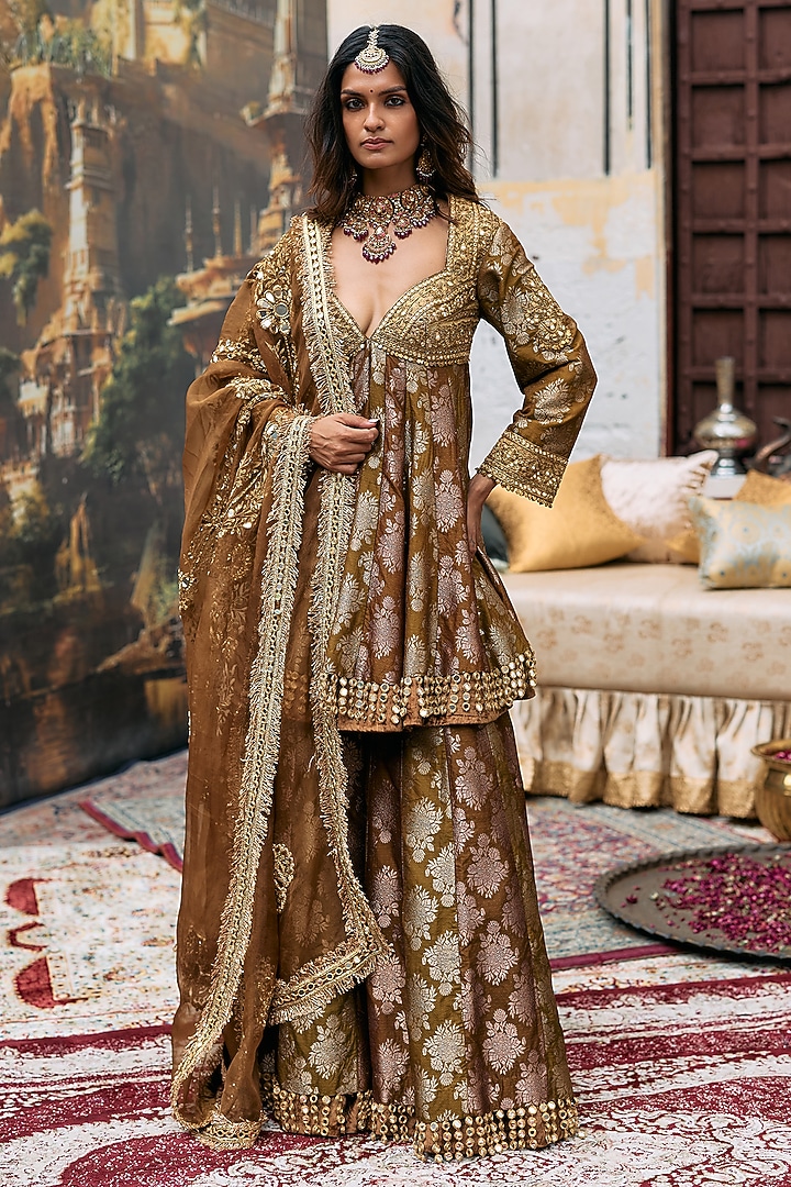 Olive & Brown Brocade Embroidered Bridal Sharara Set by ITRH at Pernia's Pop Up Shop