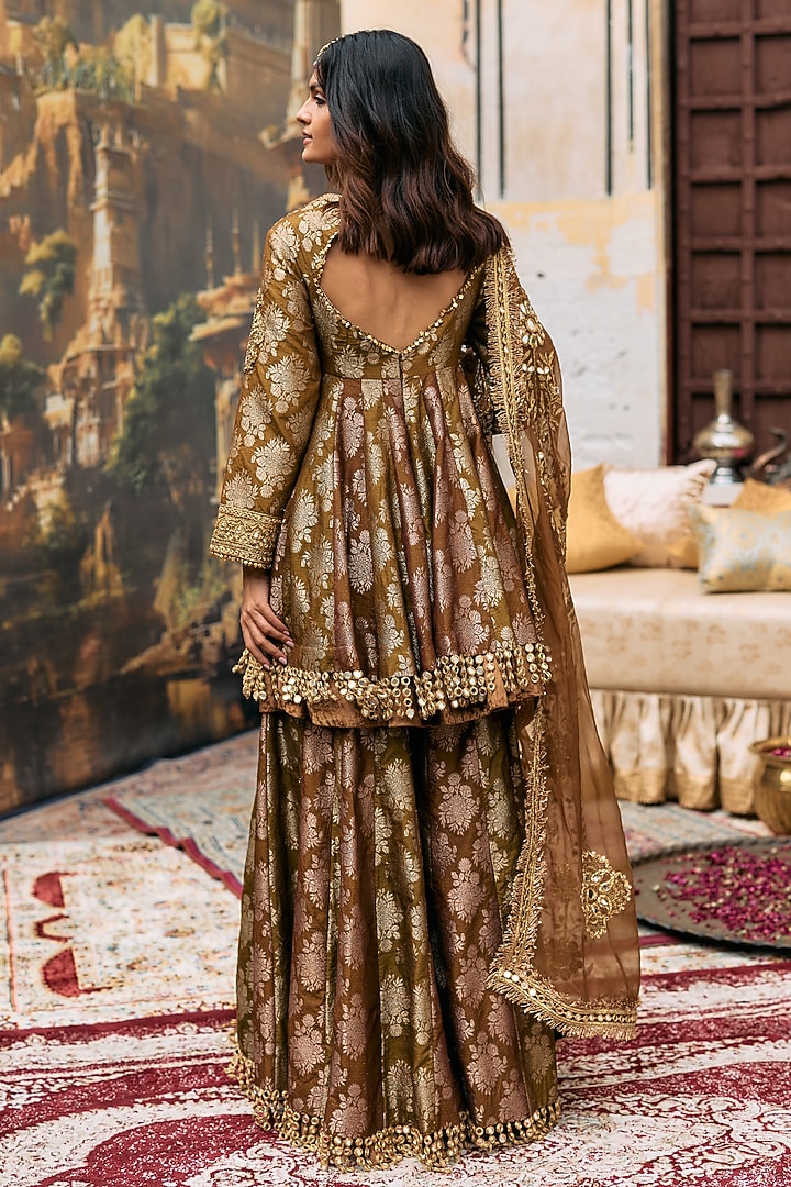 Olive & Brown Brocade Embroidered Bridal Sharara Set by ITRH at Pernia's Pop Up Shop