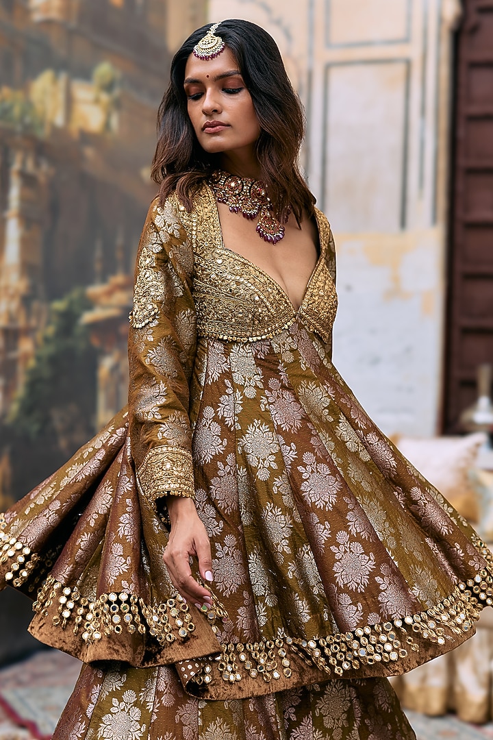 Olive & Brown Brocade Embroidered Bridal Sharara Set by ITRH at Pernia's Pop Up Shop