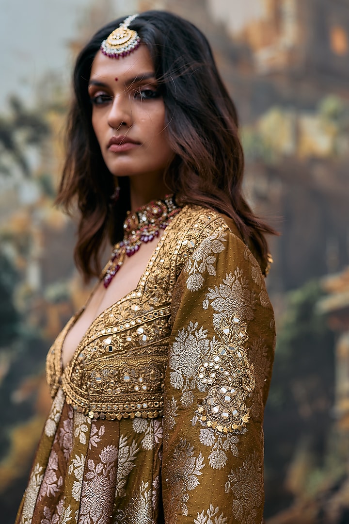 Olive & Brown Brocade Embroidered Bridal Sharara Set by ITRH at Pernia's Pop Up Shop