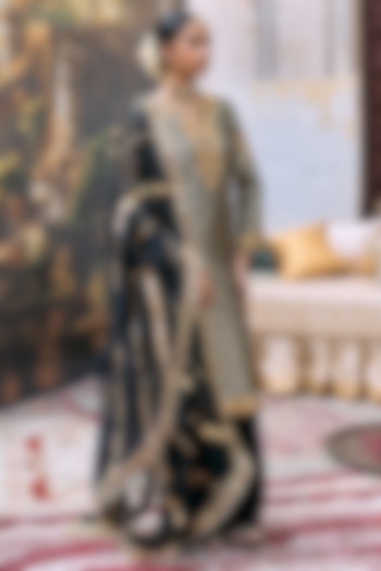 Black Brocade & Cotton Cambric Embroidered Kurta Set by ITRH at Pernia's Pop Up Shop