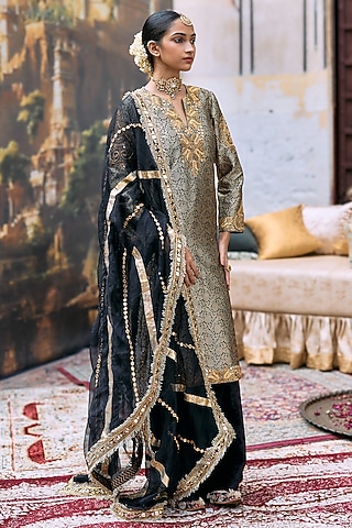 Black Brocade & Cotton Cambric Embroidered Kurta Set by ITRH
