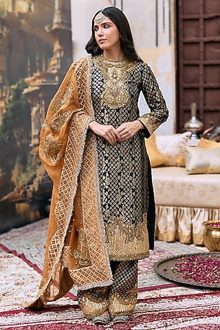 Black Brocade & Cotton Cambric Gota Mirror Work Kurta Set by ITRH