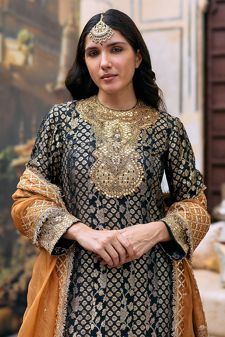 Black Brocade & Cotton Cambric Gota Mirror Work Kurta Set by ITRH at Pernia's Pop Up Shop