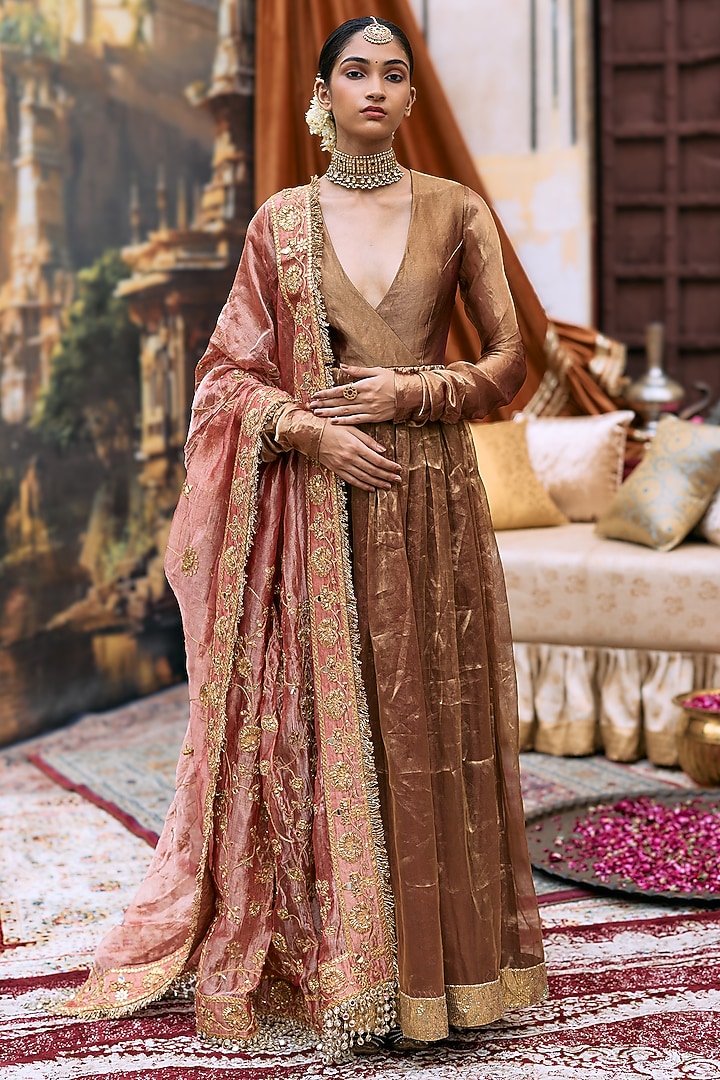 Copper & Red Tissue Bridal Anarkali Set by ITRH at Pernia's Pop Up Shop