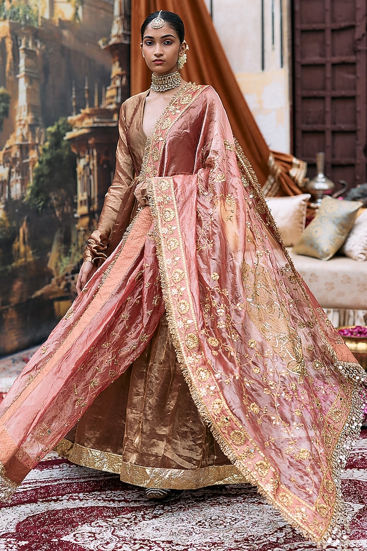 Copper & Red Tissue Bridal Anarkali Set by ITRH at Pernia's Pop Up Shop