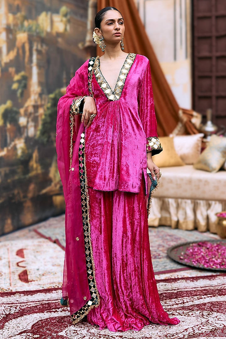 Pink Velvet & Cotton Bridal Sharara Set by ITRH at Pernia's Pop Up Shop
