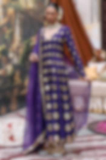 Purple Raw Silk Mirror Work Bridal Anarkali Set by ITRH at Pernia's Pop Up Shop