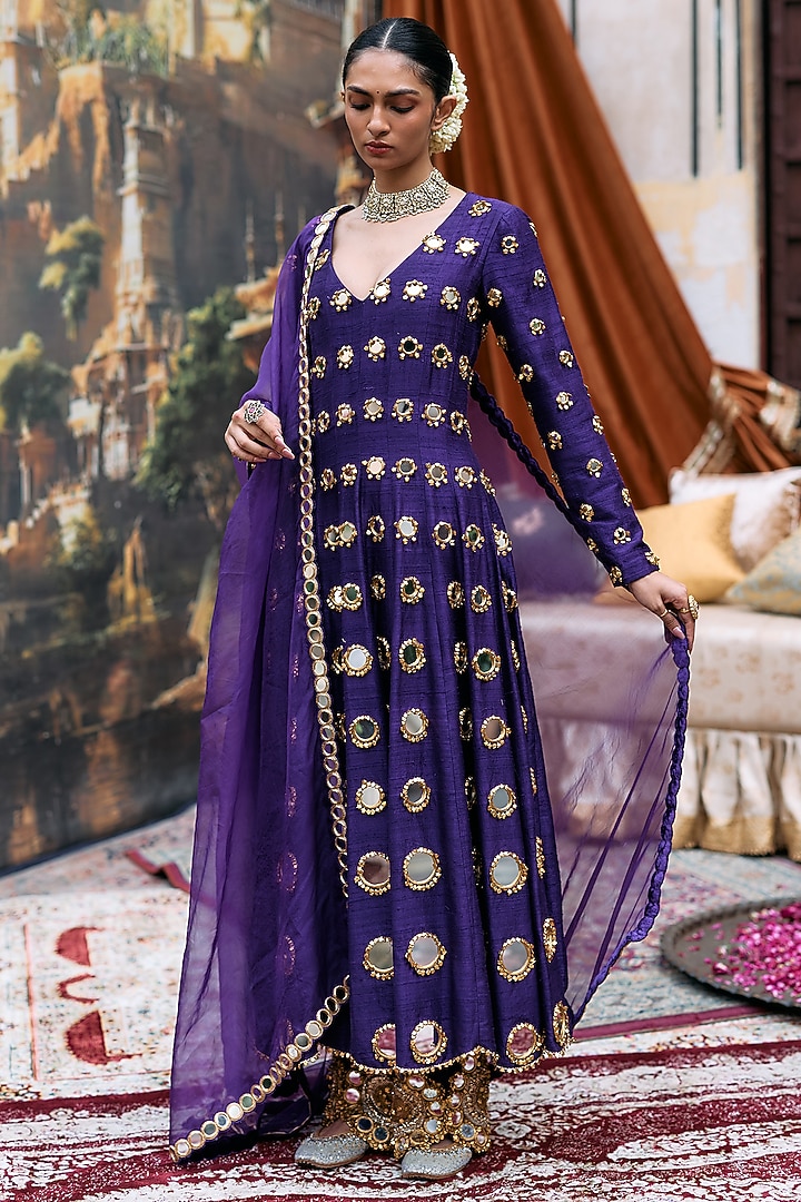 Purple Raw Silk Mirror Work Bridal Anarkali Set by ITRH at Pernia's Pop Up Shop