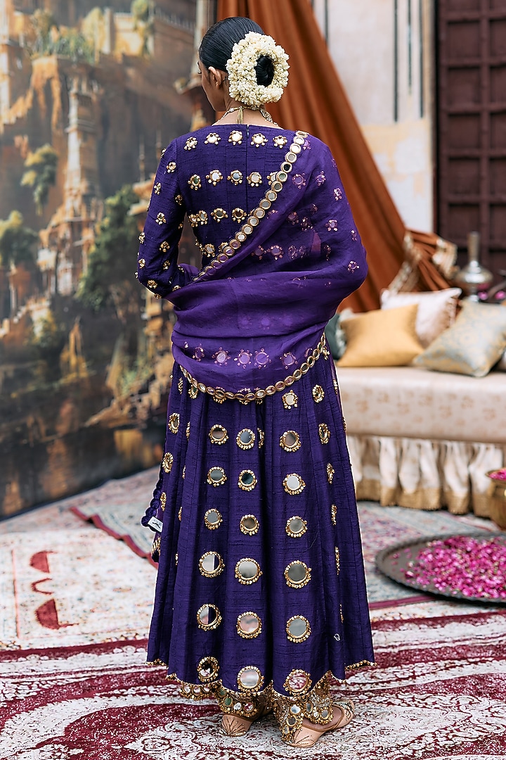 Purple Raw Silk Mirror Work Bridal Anarkali Set by ITRH at Pernia's Pop Up Shop