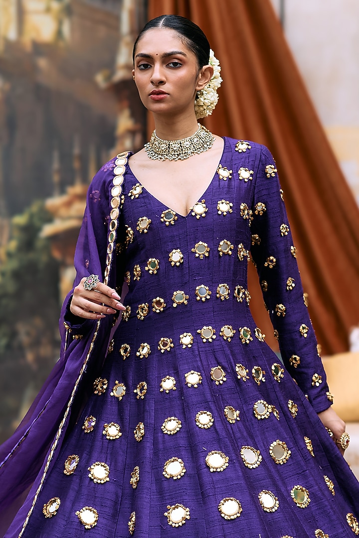 Purple Raw Silk Mirror Work Bridal Anarkali Set by ITRH at Pernia's Pop Up Shop
