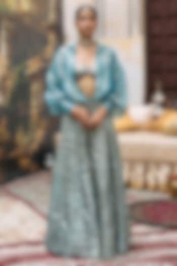 Blue Gota & Butter Chanderi Lampi Bridal Sharara Set by ITRH at Pernia's Pop Up Shop