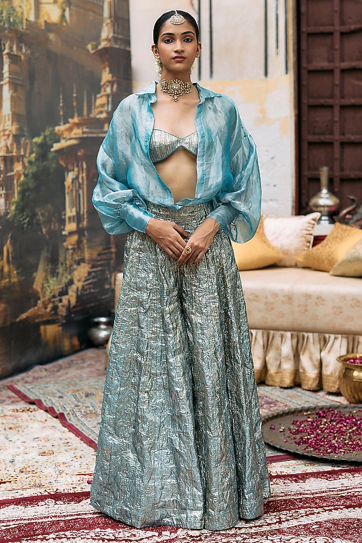 Blue Gota & Butter Chanderi Lampi Bridal Sharara Set by ITRH at Pernia's Pop Up Shop