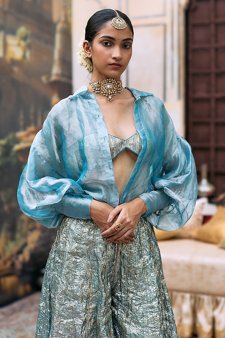 Blue Gota & Butter Chanderi Lampi Bridal Sharara Set by ITRH at Pernia's Pop Up Shop