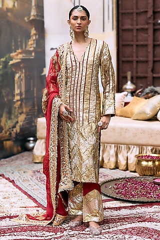 Red Gota & Crepe Kurta Set by ITRH